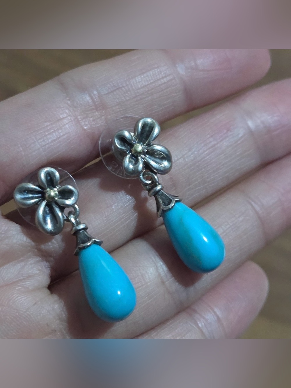Turquoise Teardrop Flower Dangle Earrings - Women Jewelry .925/ 18k